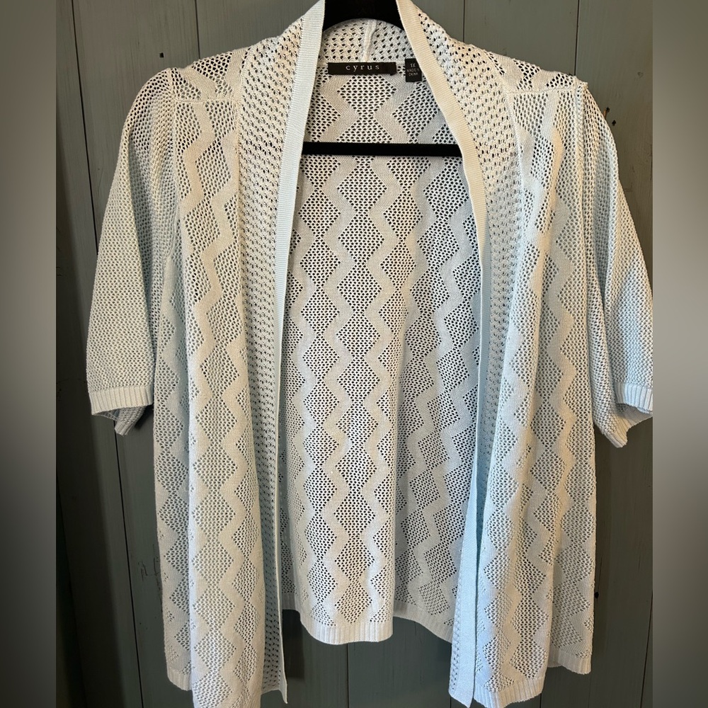 Cyrus Short Sleeve Light Blue Open Knit Cardigan | Size 1x